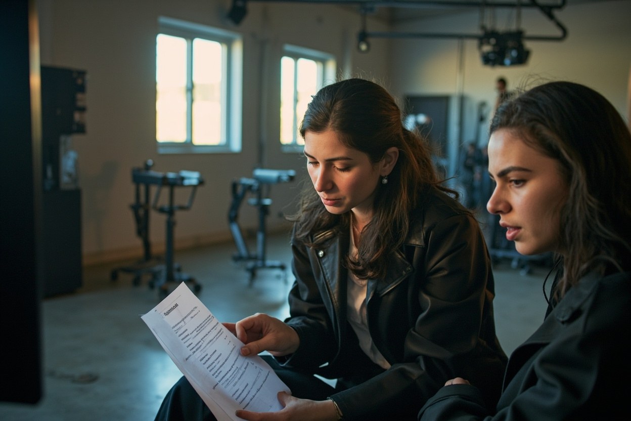 Producer and performer reviewing a printed AI consent form on a film set in Dubai interior with daylight through studio windows.