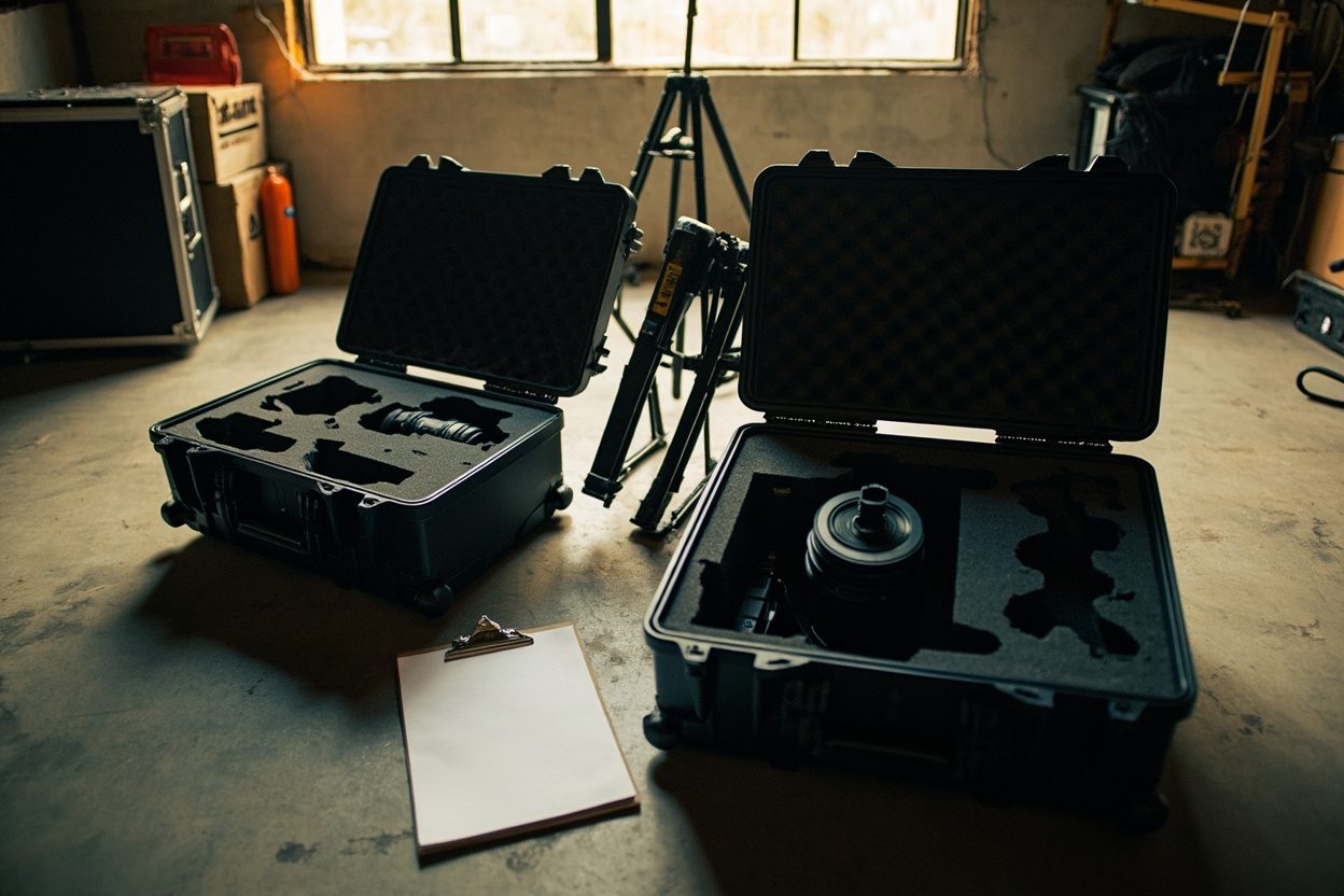 Two open black hard-shell flight cases on a concrete floor with lenses in foam cut-outs, a tripod standing between them and a blank clipboard in front, lit by warm window light.