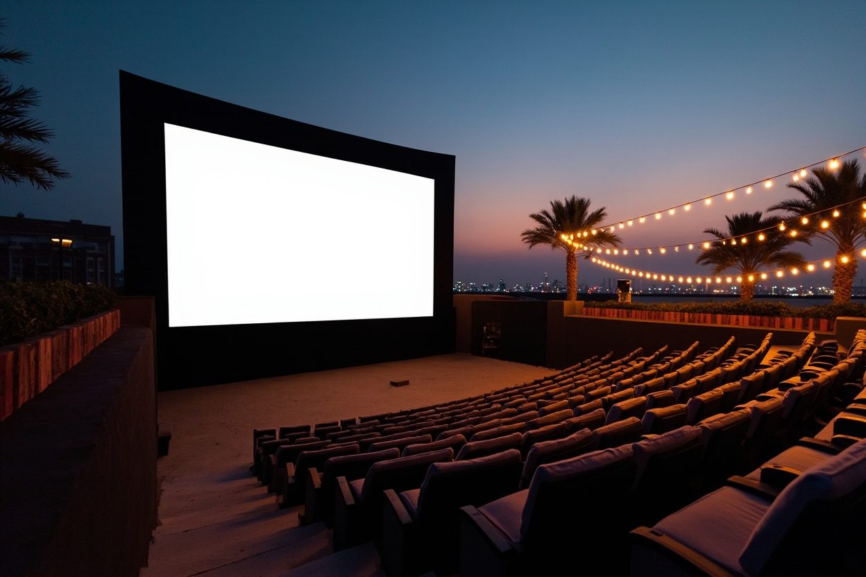 An empty open-air cinema at dusk, with rows of seats facing a large blank screen, string lights between palm trees and a city skyline lit in the distance.