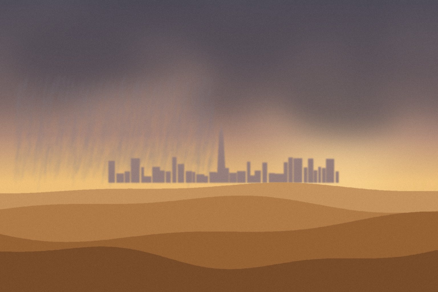 Illustration of a distant city skyline beyond desert dunes under dark rain clouds, with rain falling on the left and warm light breaking through near the horizon.