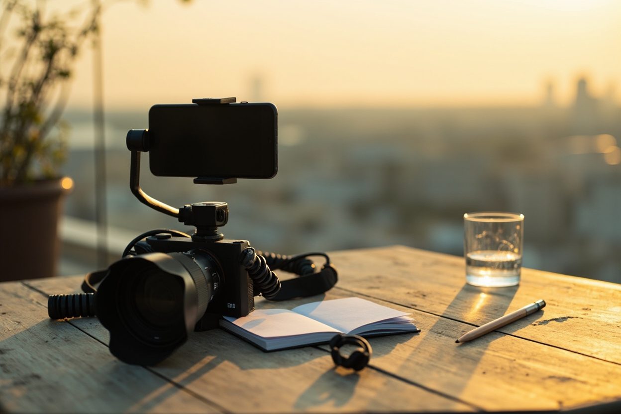 A smartphone on a small handheld rig above a compact camera with a zoom lens, set on a weathered wooden table on a rooftop at golden hour, next to an open notebook, a pencil, a coiled cable and a glass of water, with a hazy city skyline behind.