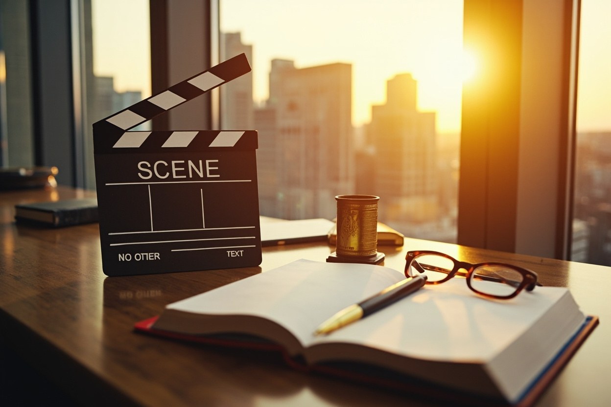 A passport, an Emirates ID card and a small clapperboard resting beside an open notebook, a fountain pen and a pair of reading glasses, with a city skyline blurred behind through tall windows at golden hour.
