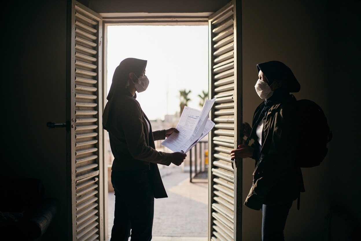 Production assistant holding a printed call sheet at a studio entrance in Dubai, daylight visible through the open shutter