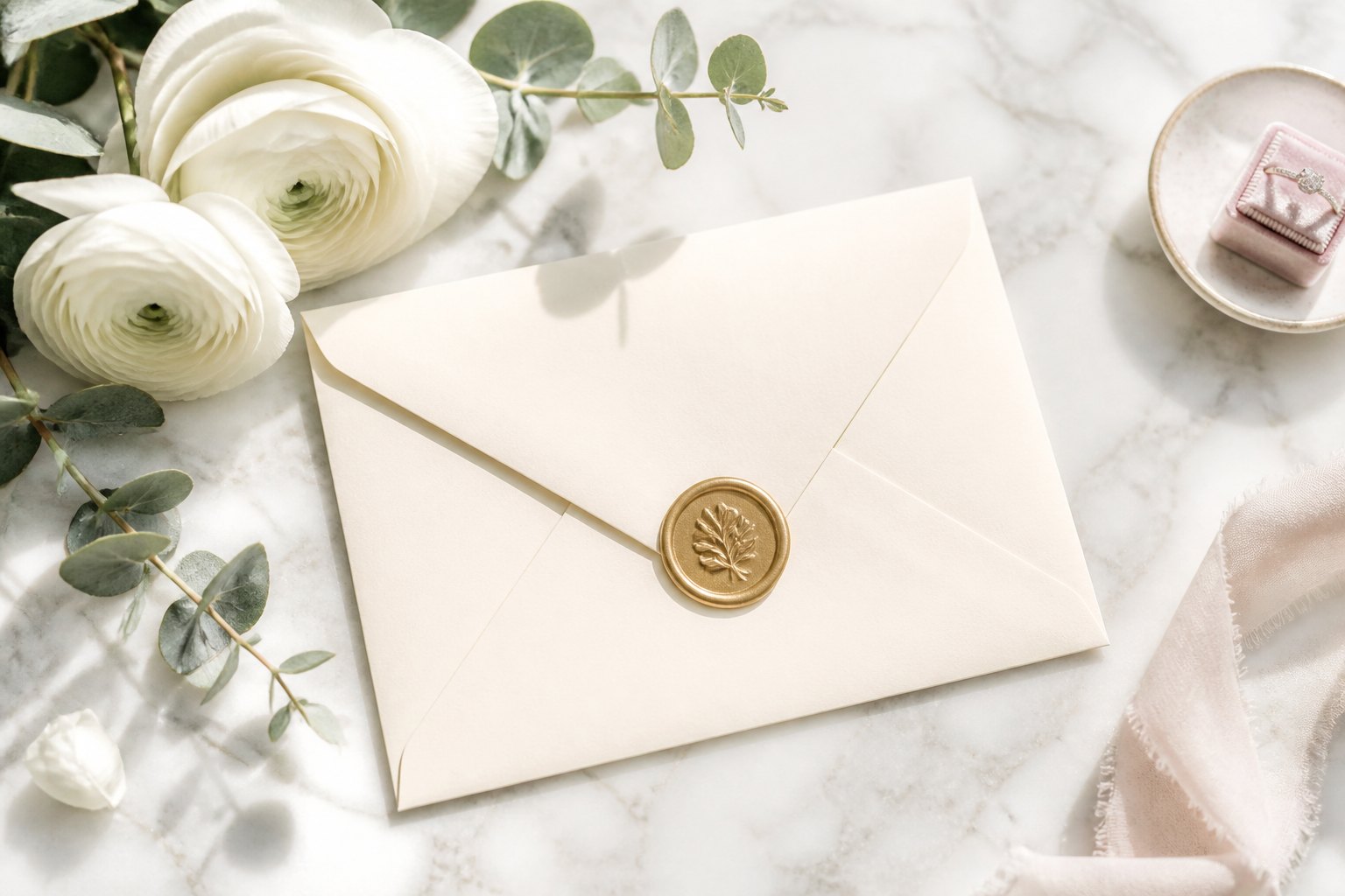 Cream stationery, a gold wax seal and white flowers in daylight.