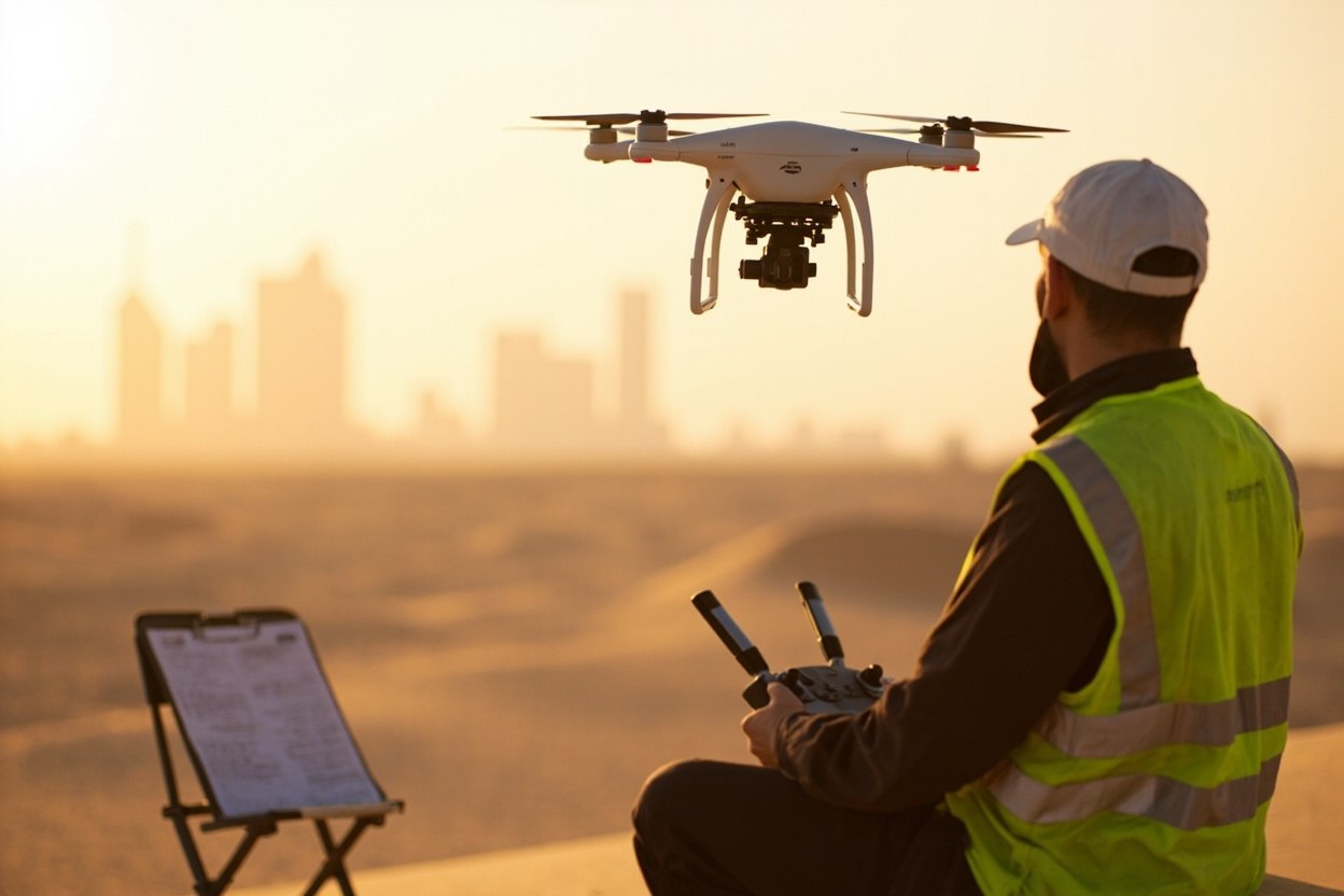 A professional drone hovering at shoulder height above a sandy Dubai filming location in early morning light, with the operator in a hi-vis jacket holding a controller and looking up at the aircraft, paperwork visible on a folding chair, no trespassing nearby.