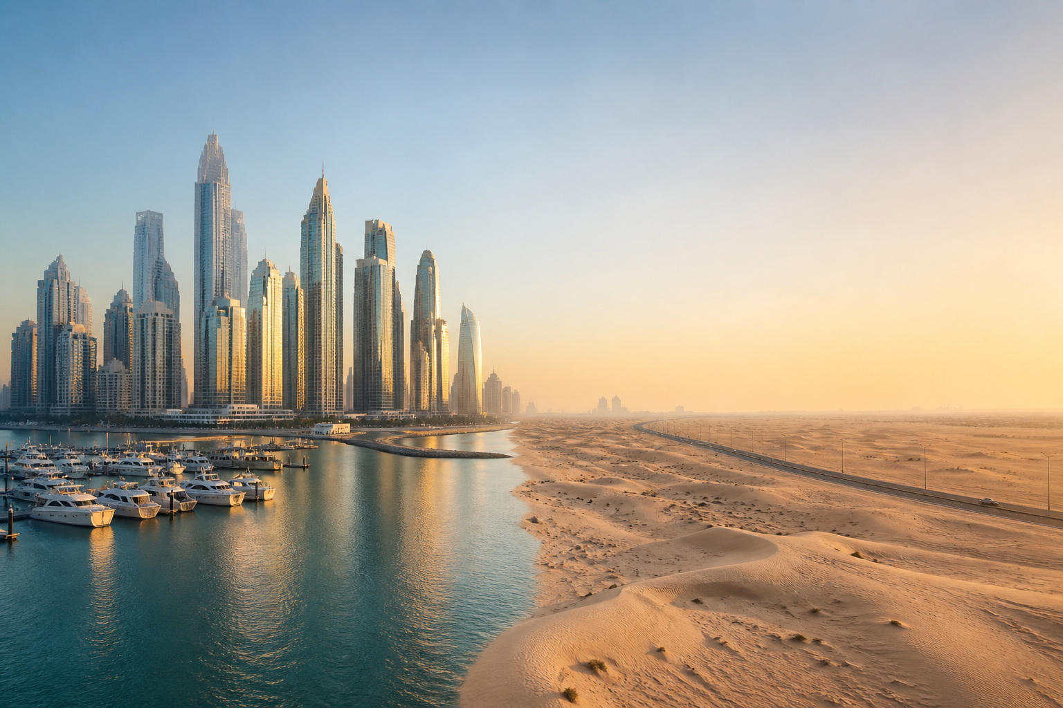 Two sunlit emirates: a Dubai skyline across water and an Abu Dhabi shoreline.