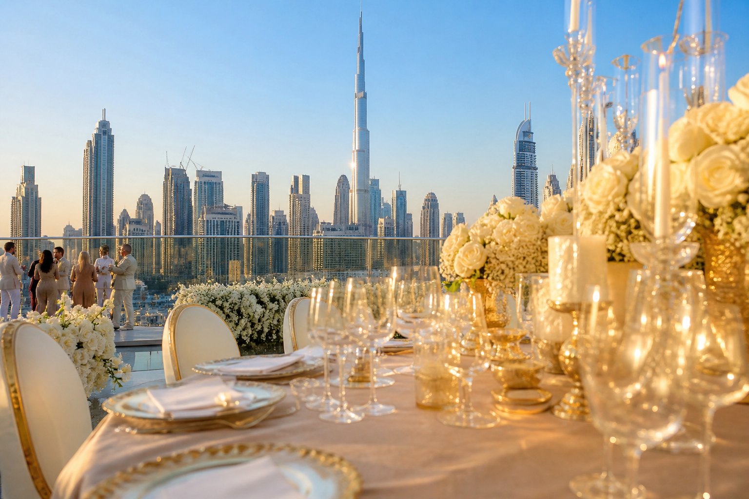 Sunlit Dubai terrace with a gold table and the skyline beyond.