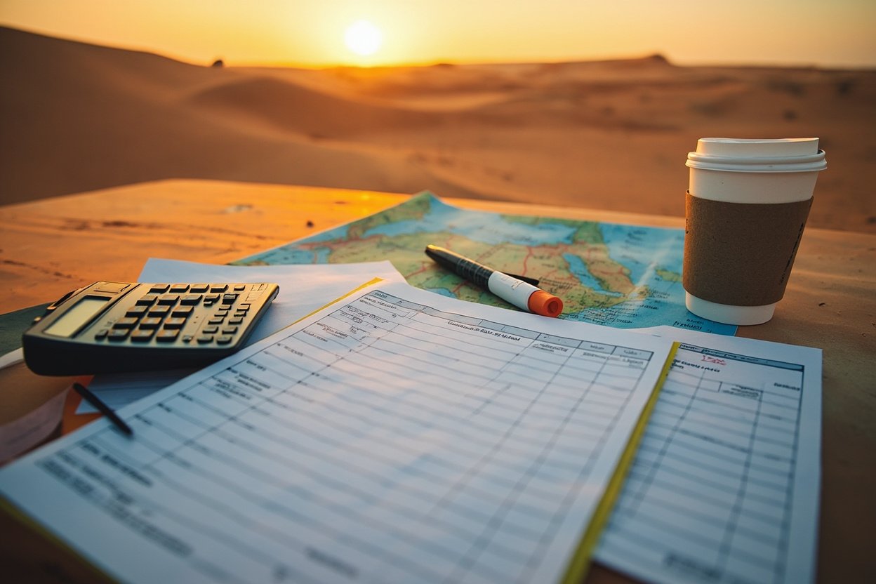 A printed film budget spreadsheet spread across two clipboards on a desert picnic table at golden hour, with a calculator, two pens, a takeaway coffee cup and a half-unrolled paper map of the Arabian peninsula, the Gulf coast marked in highlighter.