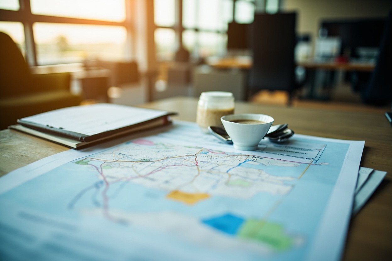 A printed venue access map on a permit runner's desk beside a coffee cup in a sunlit office interior