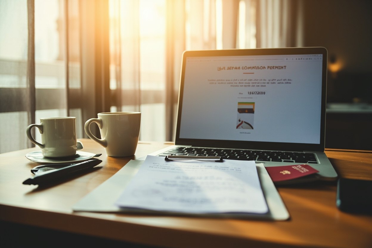 A laptop on a desk beside a clipboard and a passport, with a permit-style document on the screen showing the UAE Media Council header and a permit number, lit by warm window light through sheer curtains.