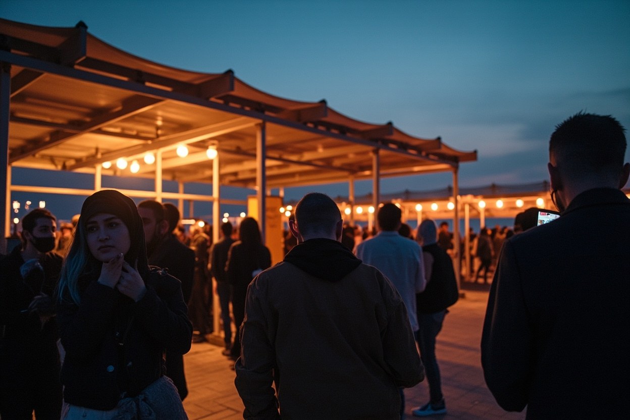 Concertgoers queuing under a lit canopy at a Dubai outdoor venue at dusk