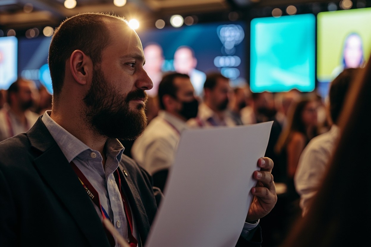 Stage manager at a UAE conference reviewing a run sheet on a confidence monitor in daylight