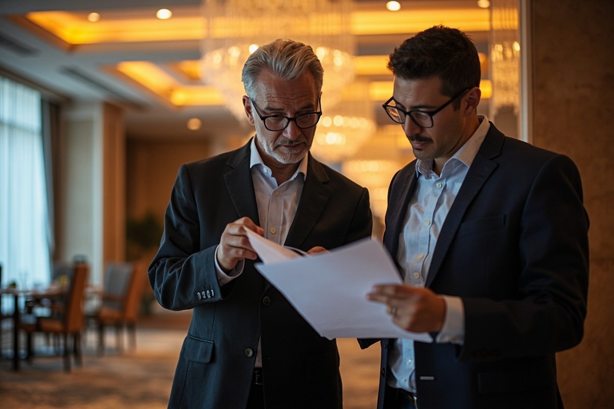 Coordinator reviewing a printed insurance binder with a venue operations manager inside a Dubai hotel ballroom, with chandelier light catching the polished dance floor surround