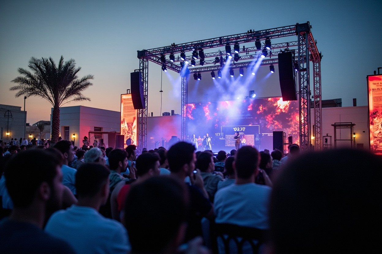 Wide view of an outdoor event site with stage lighting rig and rows of seated attendees at dusk in Dubai