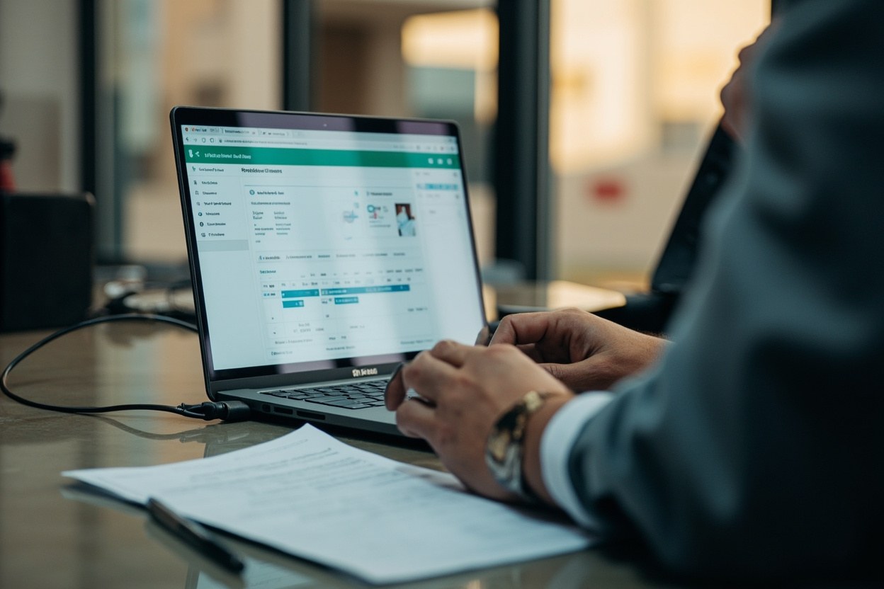 Producer reviewing an online film licence portal on a laptop in a Dubai office at midday, with a printed locations schedule and a passport on the desk beside the screen