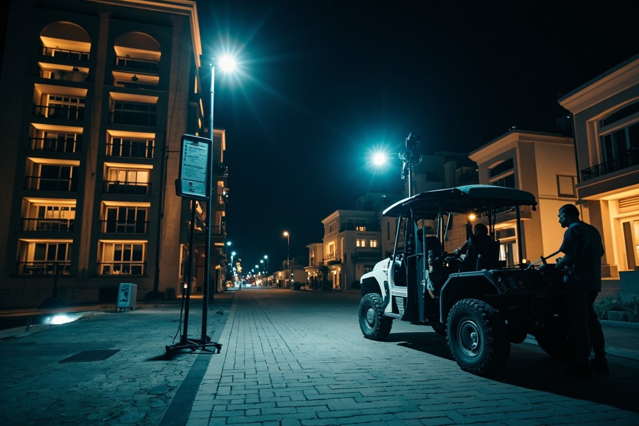 A film crew on Dubai Marina walkways at night with a battery hybrid generator and a Chimera-softened HMI light, the surrounding tower windows lit in the background under overcast daylight conditions