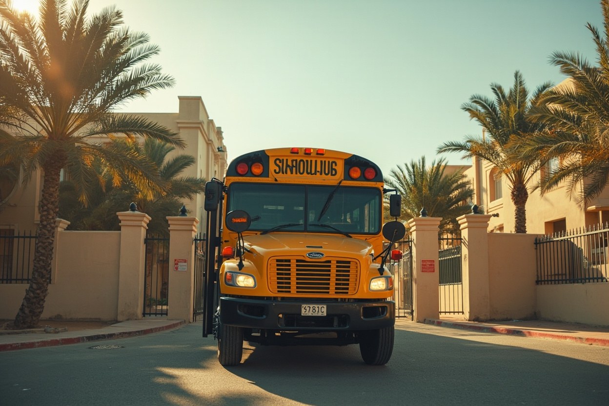 Yellow school bus arriving at a UAE school gate in mid afternoon daylight