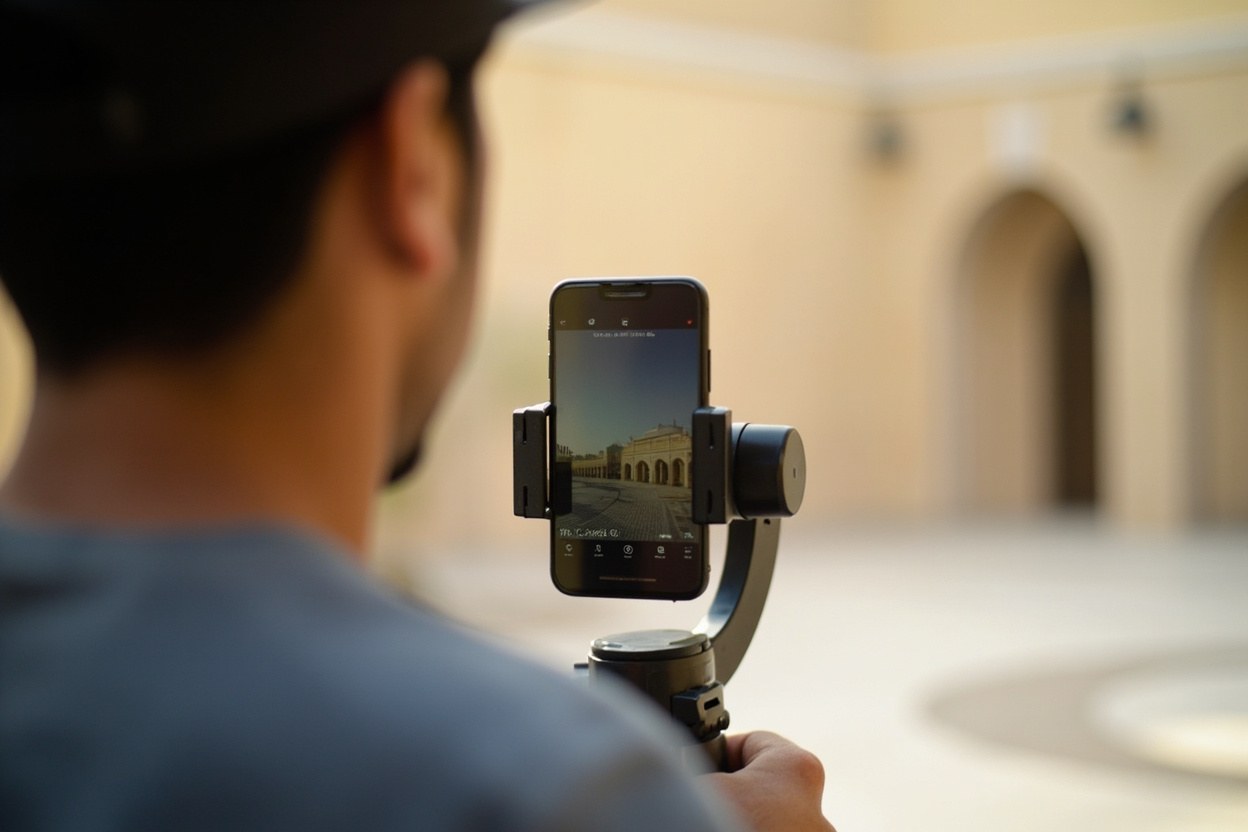 A creator holding a phone on a gimbal in a sunlit Dubai courtyard, framed in portrait orientation for social platforms in daylight