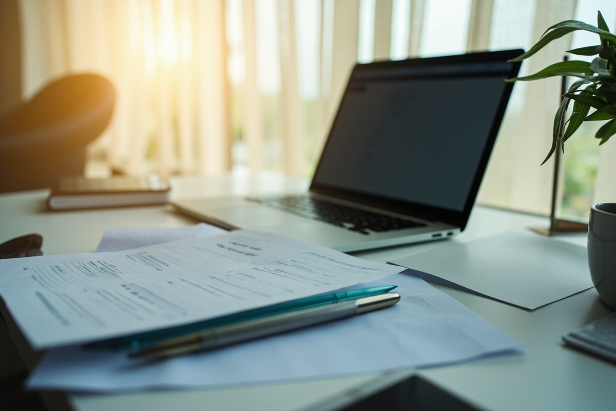 A laptop and paperwork arranged neatly on a desk beside a window, with bright Dubai daylight filtering through sheer curtains and a small potted plant in soft focus