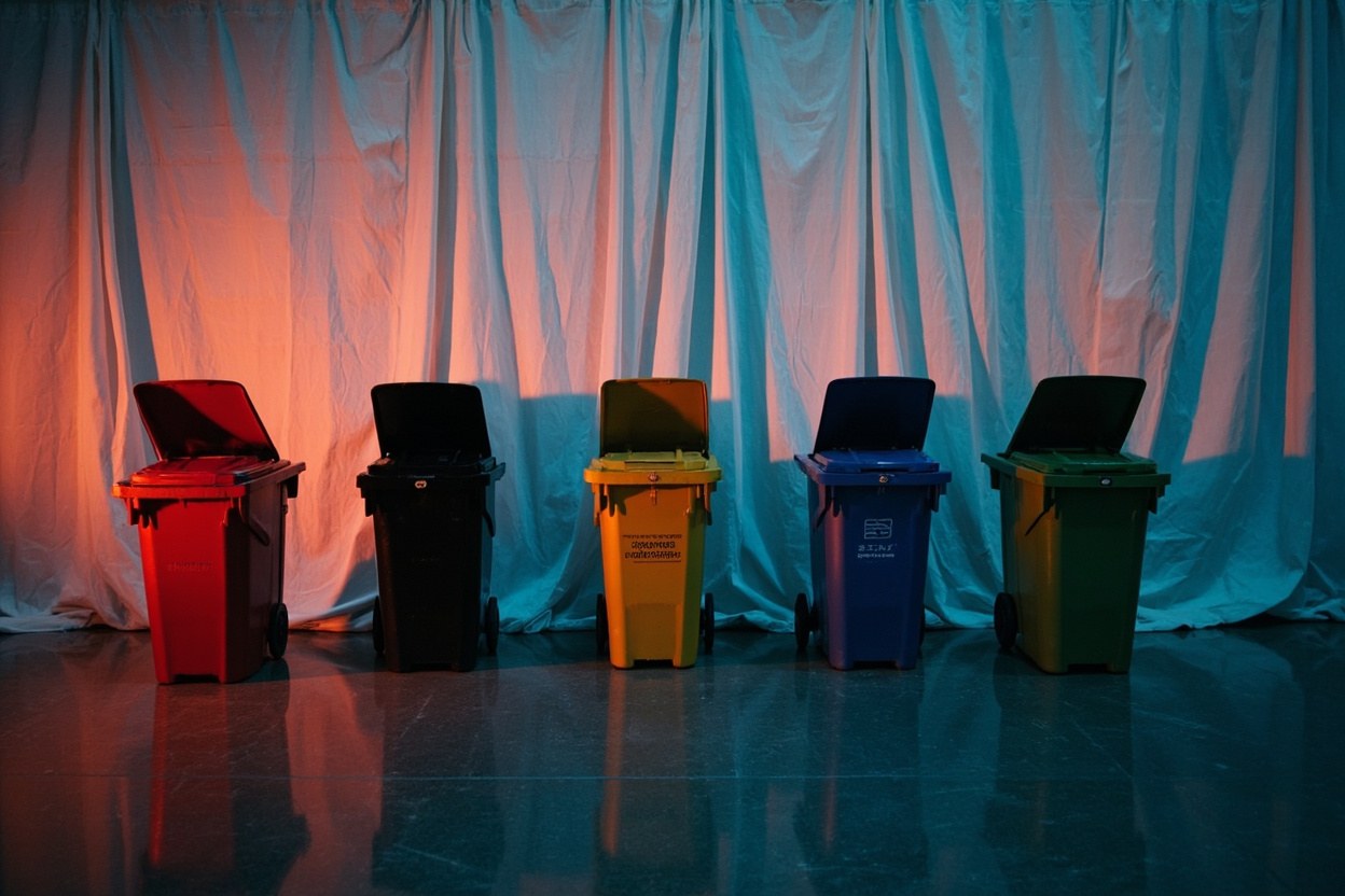 A banqueting floor at dusk with four colour coded bin stations lined up against a draped wall in soft interior light.